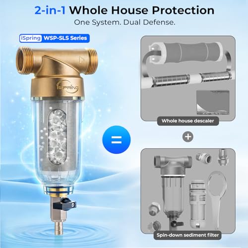 Image of iSpring WSP-50SLS Spin Down Sediment Filter & Water Scale Inhibitor, Whole House Scale & Corrosion Prevention Prefilter, Mesh-Cleaning Scraper-Beads, Flushable Well Water Sediment Buster, 50 Microns