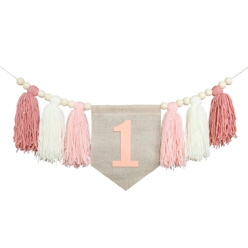 Birthday Banner, 1st Highchair Banner with Wood Beads & Tassels Hanging Decoration for Party Holiday Anniversary Celebration