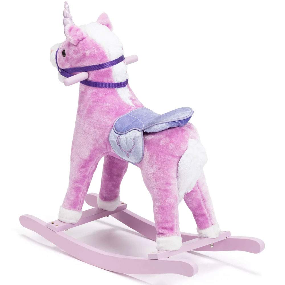 BAKAJI Cavallo a Dondolo per Bambini con Suoni Realistici, Animale che Nitrisce e Muove la bocca Struttura in Legno e Tessuto, Unicorno Peluche Rosa, Giochi Infanzia