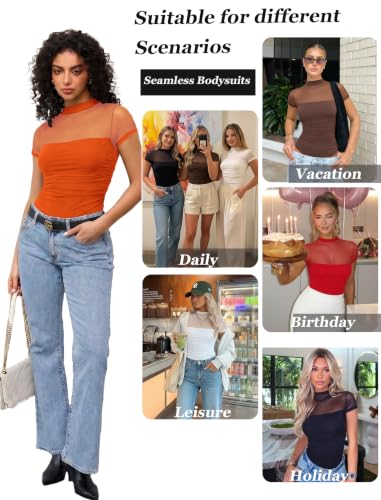 Image of Avidlove Women's Short Sleeve Bodysuit Turtle Neck Body Suits Mesh One Piece Leotard Going Out Tops Date Outfits