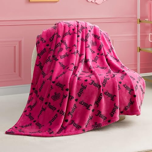 Image of Juicy Couture Logo Crown 50" x 70" Plush Throw Blanket, Hot Pink - Decorative Blankets for Sofas, Throws for Chairs, and Beds