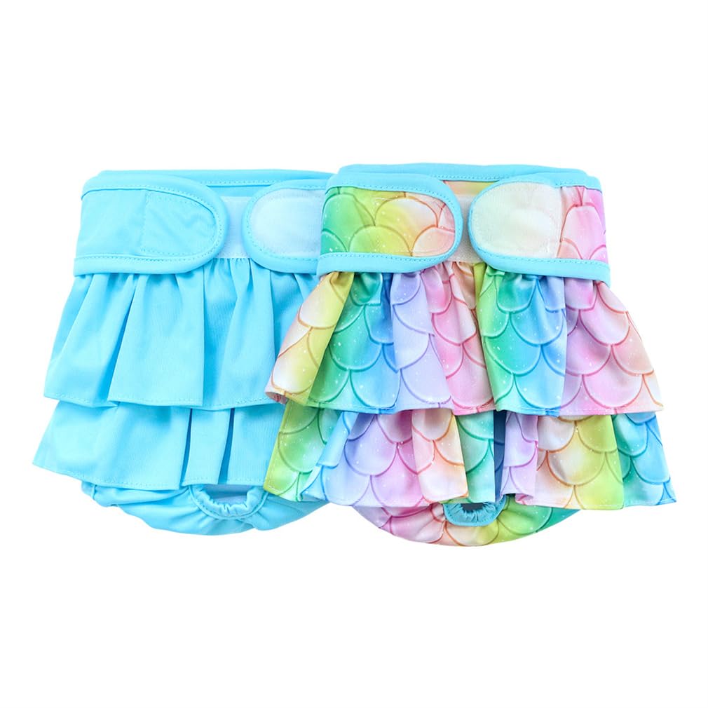 Reusable Female Dog Nappies, RURUOGUK 2 Pack Washable Dog Diapers Adjustable Doggie Sanitary Wraps Panties (Mermaid + Blue