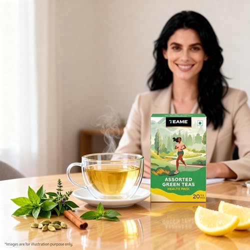 Image of TE-A-ME Assorted Green Tea Bags, 20 Count | Green Tea Sampler with Kashmiri Kahwa, Tulsi, Honey Lemon & Classic | Natural Antioxidants