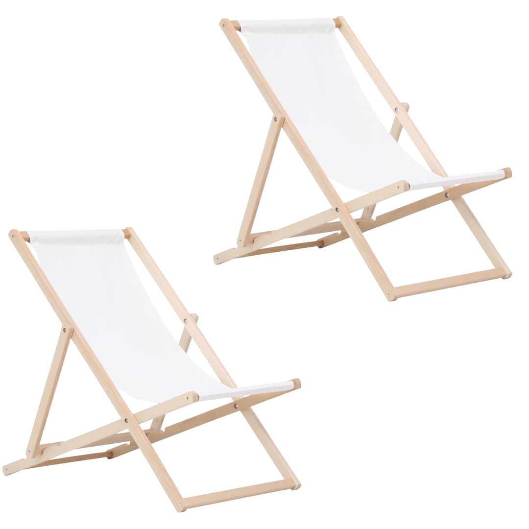 BAS Tumbona de Madera Ajustable para Playa y Jardín Construcción Robusta y Sólida Material Práctico, sillas Plegables de Madera, Blanco