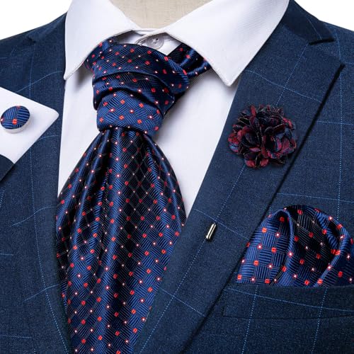 Image of DiBanGu Mens Silk Ascot Ties Paisley Jacquard Woven Cravat and Pocket Square Cufflinks with Lapel Pin for Business Wedding