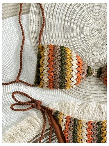 GORGLITTER Women's High Cut String Thong Bikini Set Colorful Striped Cheeky Boho Swimsuit Bathing Suit3