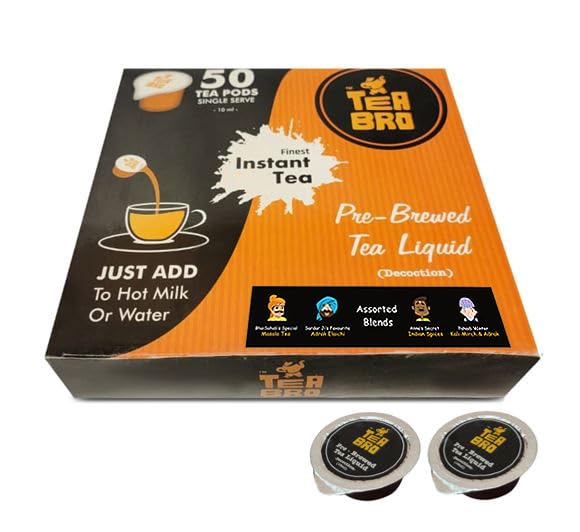 Instant Tea Pods (Assorted Box - 4 Flavours) | 50 Single Serve Pods | Pre-Brewed Tea Liquid Decoction (Concentrate) | Just Add Hot Water OR Milk | Capsules, Cups, Tubs