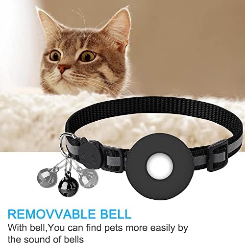 Airtag Cat Collar, Air tag Cat Collar with Bell and Safety Buckle in 3/8" Width, Reflective Collar with Waterproof Airtag Holder Compatible with Apple Airtag for Cat Dog Kitten Puppy (Black)