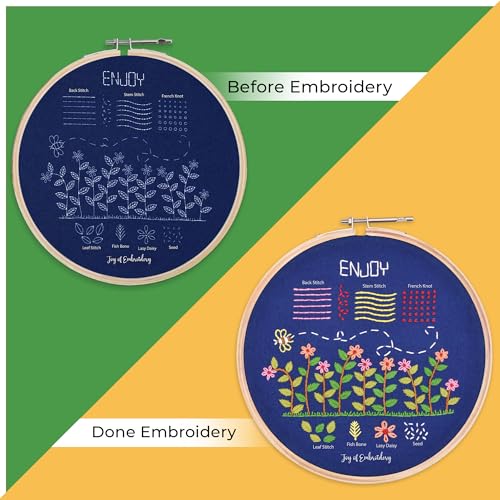 Image of picknMAKE DIY Hand Embroidery Kit for Beginners Adults & Kids - Printed Fabric, Color Threads, Hoop, Cutter & Needle - Garden Joy Theme Art & Craft Kit for Women, Teens, and Beginners