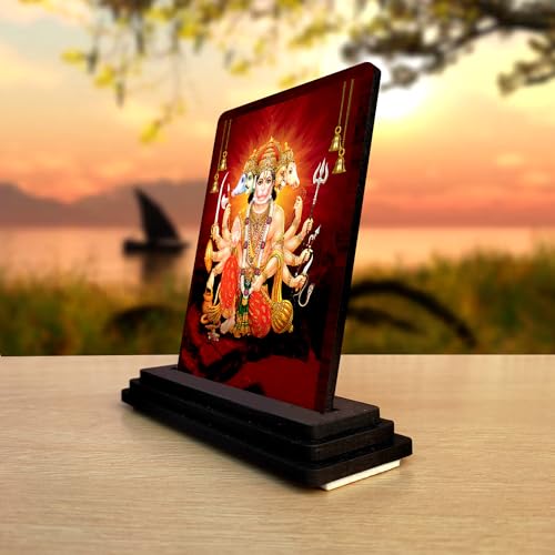 Image of Panchmukhi Hanuman Wooden Idol - Glossy Finish /Size 7.5X10 cm - Showpiece for Car Dashboard Figurine for Home Temple