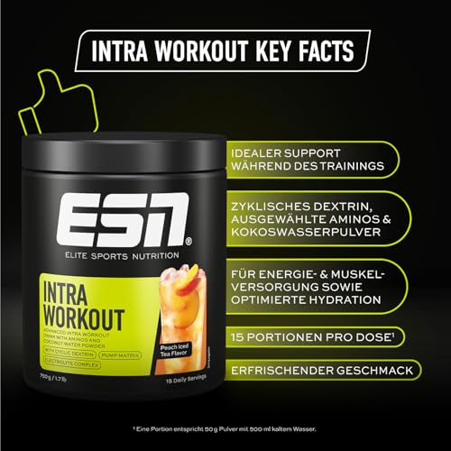 ESN Intra Workout, 750g, 15 Portionen, Peach Iced Tea, mit essentiellen Aminosäuren, Elektrolyten und Cyclic Dextrin, made in Germany