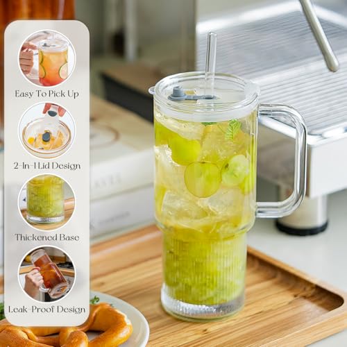 Gobelet en verre de 789 ml avec poignée grand verre transparent avec couvercle x2