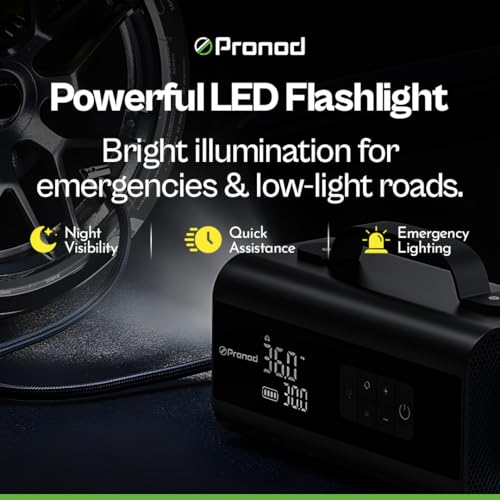 Image of Pronod Portable Air Compressor for Car Tires, 150 PSI Cordless Tire Inflator Pump with Digital Pressure Gauge, Power Bank & LED Emergency Light, Electric Air Pump for Car, Bike, Motorcycle, Bicycle