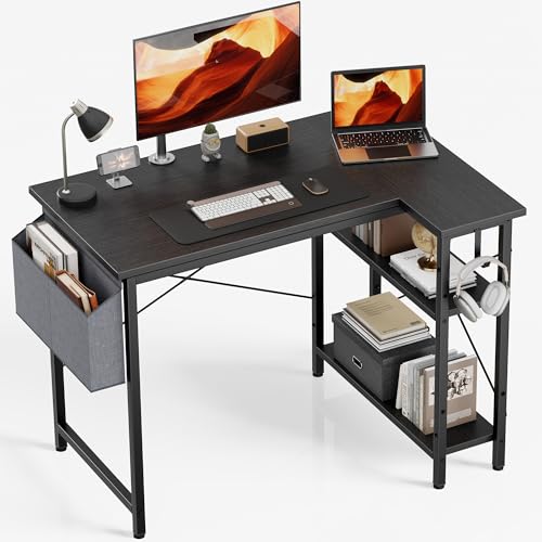 Yornoli L Shaped Computer Desk, 100x70cm Reversible Storage Shelves & Stable Design Corner Desk, Gaming/Office/Study Workstation for Small Spaces, Black Oak