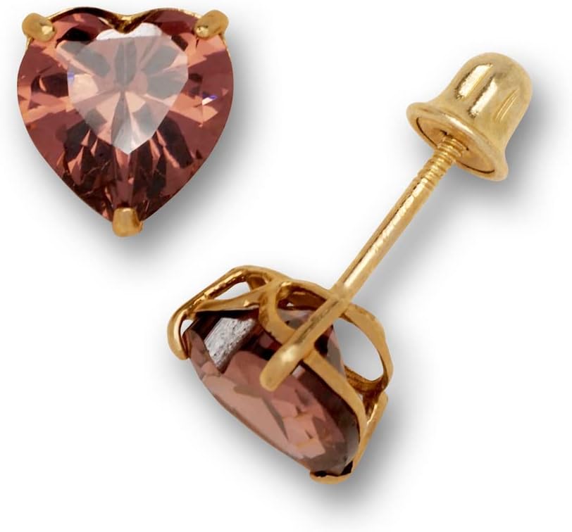 Jewelryweb Solid 14K Yellow Gold 6mm Heart-shaped Cubic Zircornia Birthday Basket-Set Solitaire Screw-back Stud Earrings (12 colors)