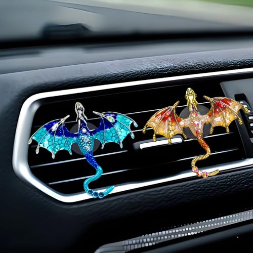 Image of 2 Pcs Bling Dragon Car Air Freshener Vent Clips, Crystal Rhinestone and Enamel Dragon Air Vent Clips Car Diffuser Cute Car Interior Decoration Accessories for Women Gift (Blue Red)