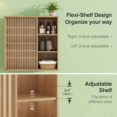 Image of FiveWillowise Fluted Bathroom Wall Cabinet, Small Medicine Wall Cabinet with Doors and Adjustable Shelves, Kitchen Wall Mounted Storage Cabinet, Floating Space Saver Over Toilet, Natural