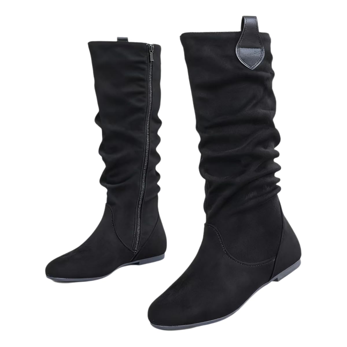 Womens Wide Calf Mid Calf Suede Boots with Adorable Ear Details Slouchy Flat Boots with Side Zipper 1cm