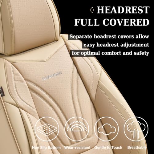 Image of Coverado Car Seat Covers Full Set, 5 Piece Car Seat Protector with Lumbar Support & Removable Headrest, Breathable Leather Front Rear Seat Cushion Universal Fit for Truck Automotive Beige