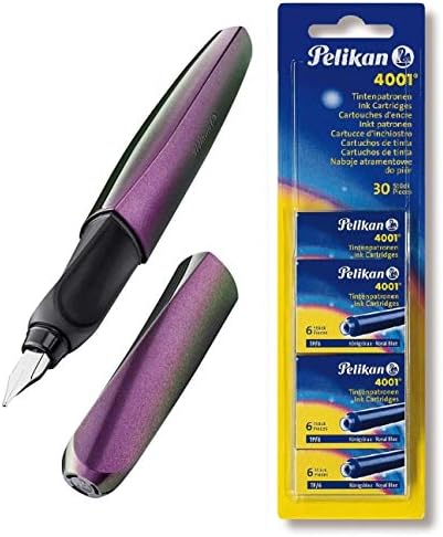 Pelikan – Penna stilografica Twist, in scatola pieghevole, universale per destrorsi e mancini, pennino M [Shine Mystic] + set di 30 cartucce