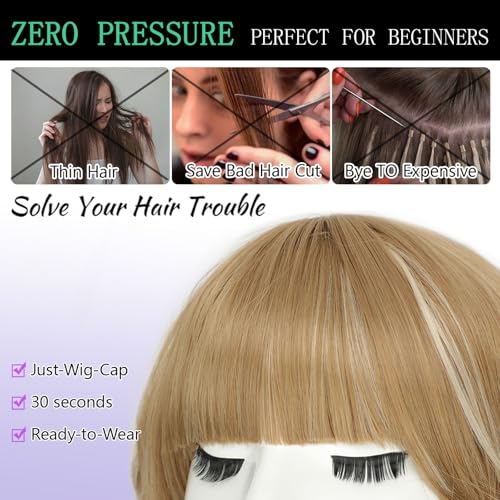 Image of AISI HAIR Curly Bob Wig with Bangs Short Wavy Champagne Blonde Wigs for Women Bob Style Synthetic Heat Resistant Bob Wigs