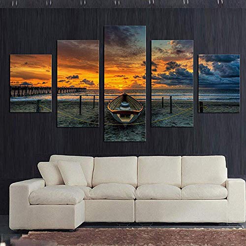 Pintura de puesta de sol en 5 paneles para ganar amplitud visual en el dormitorio 3