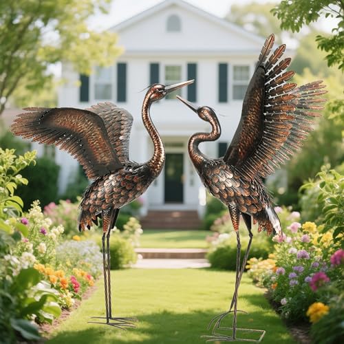 chisheen Garden Statue Outdoor Metal Heron Crane Yard Art Sculpture for Lawn Patio Backyard Decoration,46 inch (2-Pack)