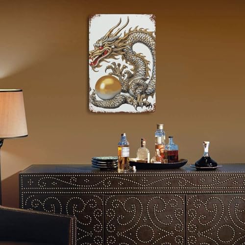 Tableau en métal vintage dragon chinois et perle décoration murale salon - 6