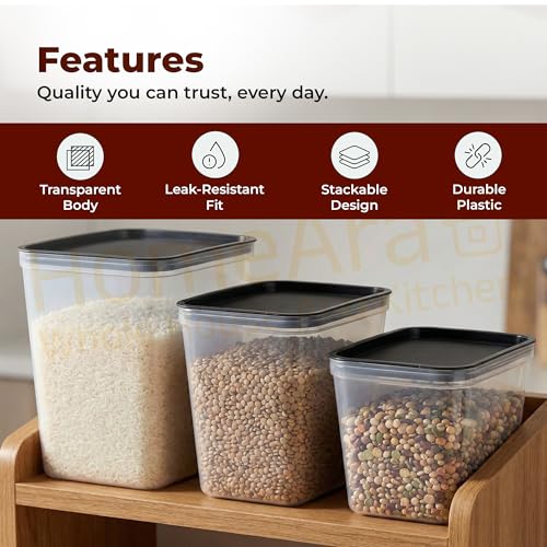 Image of Airtight Plastic Storage Containers for Kitchen & Pantry | 1100ml, 1500ml 2200ml Food Storage Boxes | Leak-Proof, Stackable (Black Transparent)