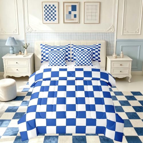 Image of Feelyou Checkered Retro 7 Piece Bedding Set Teen Women Men Blue White Plaid Comforter Set with Sheets Twin Size Kids Boys Geometric Vintage Bed in a Bag Modern Simple Groovy Aesthetic Room Decor