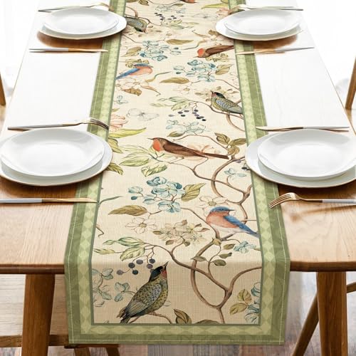 Croar Vintage Flower Birds Dining Table Runner, Green Elegant Floral
