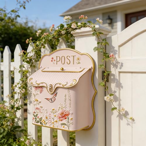 Vintage Floral Wall Mount Mailbox, 12.2" H Pink Metal Post