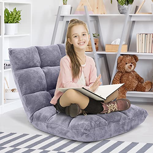 Image of Giantex Folding Floor Chair with Back Support, 14 Adjustable Position, Padded Sleeper Bed, Couch Recliner, Gaming Floor Chairs for Adults, Meditation, Living Room (Grey)