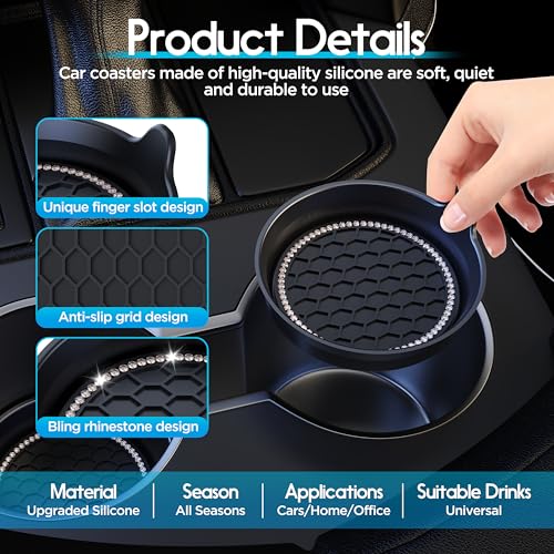 Image of 2-Pack Car Cup Holder Coaster Bling Crystal Rhinestone Car Interior | Universal Fit Most Car SUV Truck, Non-Slip Silicone, Spill-Proof Deep Cup Shape, Heat Resistant, Sparkly Decor, Black