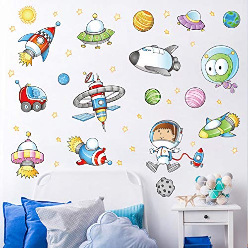 Wallpark Dibujos animados Espacio Exterior, Planeta Cohete Astronave Astronauta Extraterrestre Desmontable Pegatinas de Pared Etiqueta de la Pared, Bebé Niños Hogar Infantiles Vivero Arte Murales