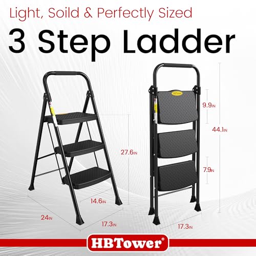 HBtower Step Ladder Sturdy, Heavy Duty Step Stool for Adults, Wide Anti-Slip Pedal Step Ladder Folding Step Stool for Home Kitchen Garage Outdoor (3 Step Ladder) - Thumbnail 2