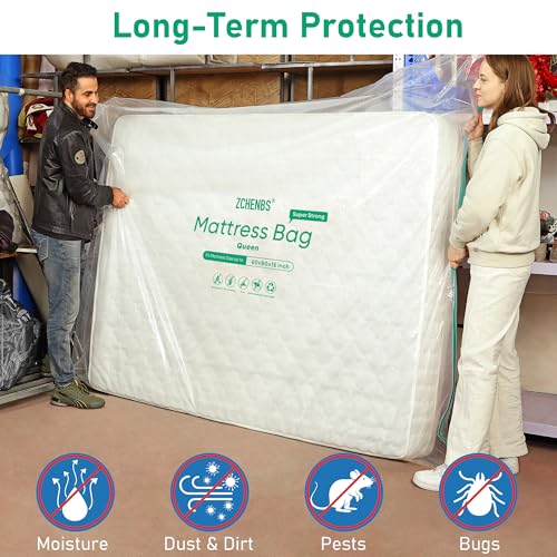 Image of ZCHENBS - Queen Mattress Bags for Moving, Waterproof Mattress Storage Bag with Zipper, Heavy-Duty 5 Mil Ultra-Thick Bed Protector Cover for Moving, Reusable (Transparent /Green, 2 Pack)