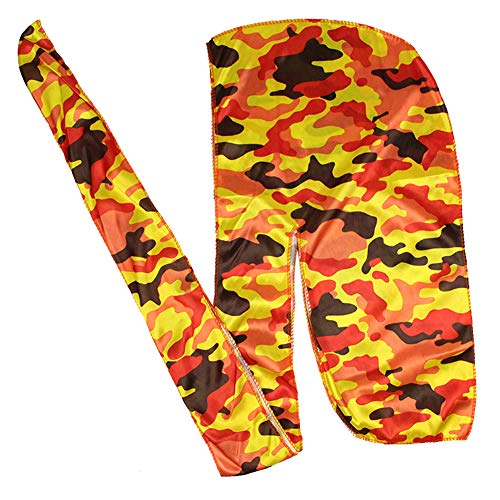 Men Camo Silk Durag Long Straps Silky Durags Bandana Waves cap (Orange)