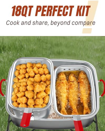 Image of 18QT Fish Fryer Pot with 2 Basket, Aluminum Deep Fryer with Lid, Thermometer & Tongs, Outdoor Frying Pot for Fish, Chicken Wings & French Fries