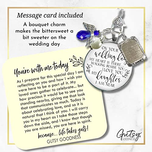 Image of Bouquet Photo Charm Wedding Memory Something Blue Angel - I Know You'd Be Here If Heaven Honor Love One, Silver Finish Handmade Bridal Jewelry White Glass Pendant 2 Frames Gift Message & Box for Bride