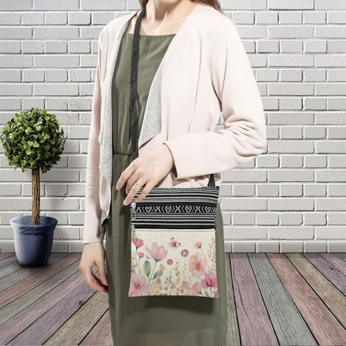 Pink Floral Messenger Bag Small Ethnic Pattern Printed Adjustable Strap Crossbody Zipper Bag Pink Floral Phone Bag Wallet Cute Shoulder Handbag for Women3