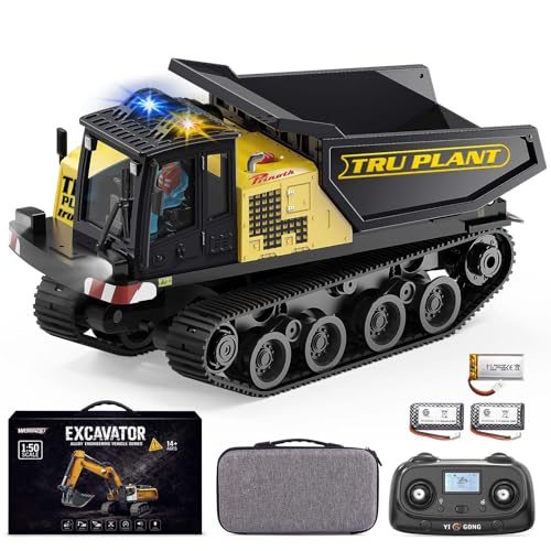 Camion à chaîne RC 1:50, camion benne télécommandé avec châssis en métal et cavité en métal, gaz proportionnel, télécommande LCD , lumière, son, 2...