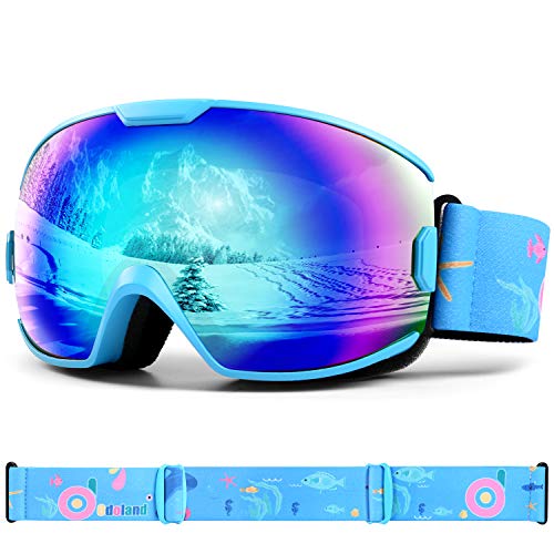 Odoland Children's Ski Goggles Snowboard Goggles for Boys and Girls, Helmet Compatible Mirrored Snow Goggles UV Protection Anti-Fog for Skiing Skating Blue Lens Vlt 19%