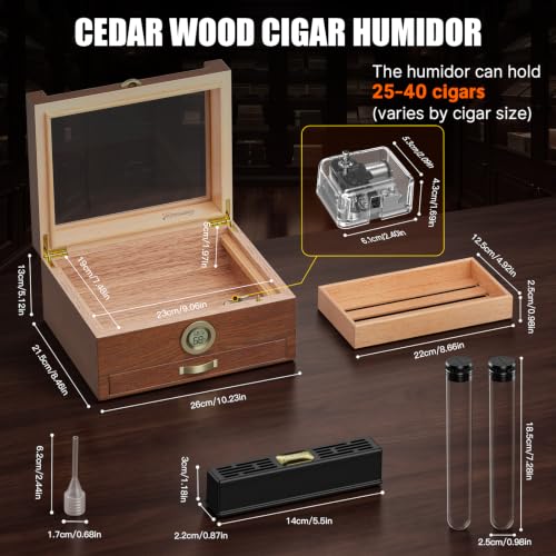 Image of Tesonway Cigar Humidor, Glass Top Cedar Cigar Box with Music System | Desktop Humidor with Wood Tray, Digital Hygrometer, Humidifier, Divider, Accessories Drawer, 2 Cigar Tubes & 3 Cigar Cutters