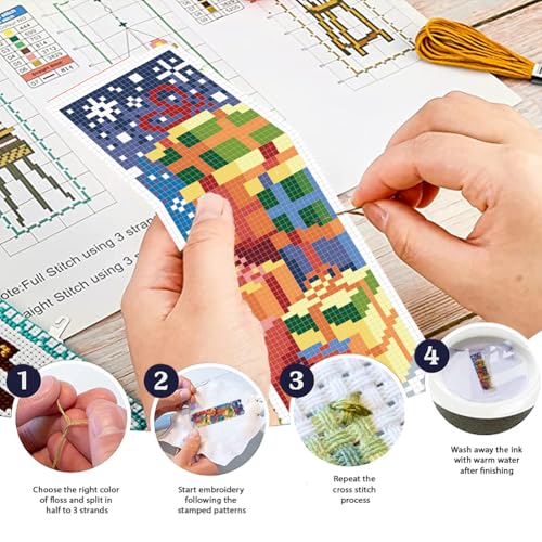 Image of FREEBLOSS 6 Set Christmas Cross Stitch Bookmark Kit for Adult Beginners Snowman Santa Claus Stamped Cross Stitch Kits Bookmarks Embroidery Kit with Instructions for Gift 11CT 8 inchx2.4 inch