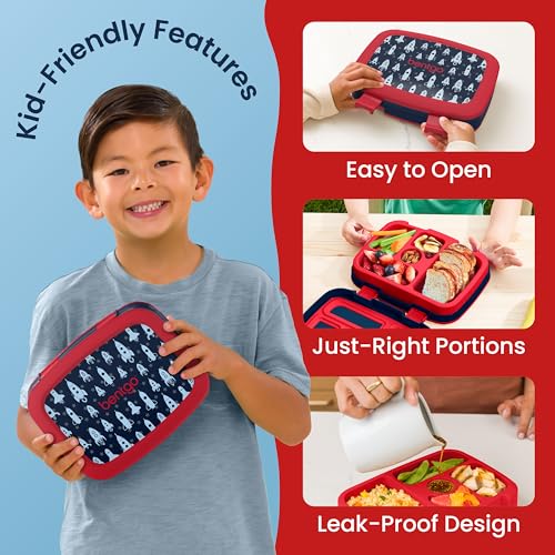 Image of Bentgo Kids Prints Leak-Proof, 5-Compartment Bento-Style Kids Lunch Box - Ideal Portion Sizes for Ages 3-7, Durable, Drop-Proof, Dishwasher Safe, & PFAS & BPA-Free Materials (Rocket)