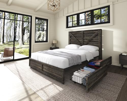 AMERLIFE Queen Size Farmhouse Bed Frame with 4 Drawers and Headboard - Rustic Black, Easy Assembly, No-Squeak Design