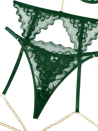 Image of Lilosy Sexy Choker Floral Lace Scallop Sheer Underwire Push Up Garter Belt Lingerie Set 3 Piece