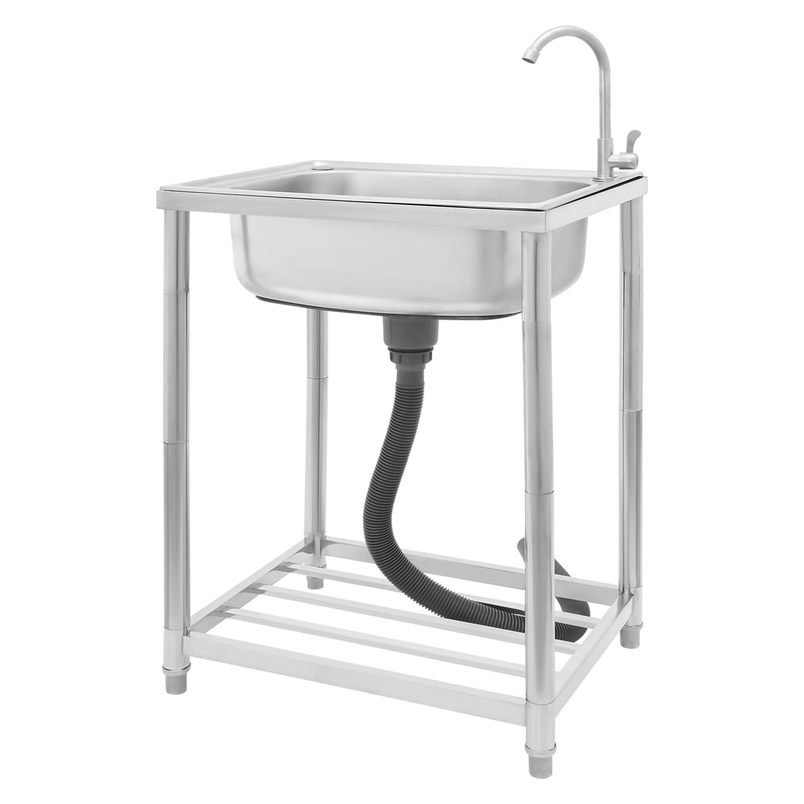 Évier utilitaire sur pied en acier inoxydable à cuve unique avec robinet pivotant 360 et étagère
