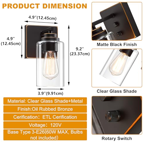 Image of Pia Ricco Wall Sconces Set of 2, Bedside Wall Lamps with Switch for Bedroom, Modern Bathroom Light Fixtures with Clear Glass Shade, Oil Rubbed Bronze Sconces Wall Lights for Living Room, Hallway